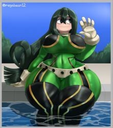 1girl absurd_res asui_tsuyu big_ass big_breasts bodysuit boku_no_hero_academia front_view fully_clothed green_hair hero_outfit_(mha) high_resolution highres large_ass large_breasts long_hair my_hero_academia omegabean outside pool poolside simple_background snatched_waist solo thick_body thick_thighs thin_waist tsuyu_asui voluptuous voluptuous_female water wide_hips