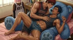 2boys ai_generated aomine_daiki daiki_aomine dark-skinned_male gay in_clothes kagami_taiga kuroko's_basketball kuroko_no_basuke long_nails on_bed short_shorts taiga_kagami tongue_out yaoi