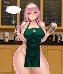 starbucks kaifuku_jutsushi_no_yarinaoshi redo_of_healer ai_generated shiokonbu_art_style flare_arlgrande_jioral half_naked ordering looking_at_viewer pink_hair blue_eyes coffee_cup