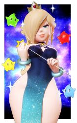 bare_shoulders blonde-haired_female blonde_female blonde_hair blonde_hair_female boobs breasts crown eyebrows eyelashes female female_focus female_human female_only female_solo galaxy high_slit_dress jewelry looking_at_viewer luma mario_(series) mommy no_bra no_panties one_eye_covered one_eye_obstructed pale-skinned_female pale_skin princess_rosalina shoulders silver_crown skyline3d smile smile_at_viewer smiling smiling_at_viewer star_earrings star_wand starry_background starry_night_dress_(sarukaiwolf) starry_sky starry_sky_background sultry_expression sultry_eyes sultry_gaze super_mario_galaxy thick_thighs thighs wand white_skin white_skinned_female woman woman_focus woman_only woman_solo