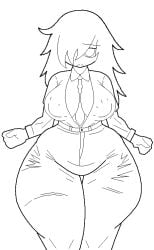 kuroki_tomoko watashi_ga_motenai_no_wa_dou_kangaetemo_omaera_ga_warui! traced office_lady 1girls big_ass thick_thighs thighs big_thighs female female_only messy_hair long_hair clothing standing white_background looking_at_viewer shortstack big_breasts breasts nipples nipple_bulge nipples_visible_through_clothing open_shirt