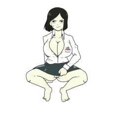 1girls annoyed_expression artist_request black_eyes black_hair boob_window cleavage condom dress_shirt feet female female_focus female_only going_commando large_breasts no_bra no_panties original original_character shirt_open short_hair skirt skirt_lift spread_legs squatting tagme unknown_artist white_background white_shirt