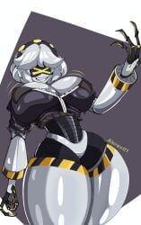 1girls big_breasts breasts claws cleavage female female_focus female_only grey_hair murder_drones robot robot_girl sharp_claws sharp_teeth smile thick_thighs thighs v_(murder_drones) white_hair yellow_eyes