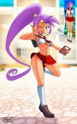 1girls backpack black_skirt blue_eyes book breasts earrings english english_text female female_only feuerz footwear full_body hair hips holding_object hoop_earrings legs medium_breasts one_eye_closed pointy_ears ponytail pose posing purple_hair red_skirt reference_image revealing_clothes school_uniform schoolgirl schoolgirl_uniform shantae shantae_(character) shoes short_skirt skimpy skimpy_clothes skirt socks solo solo_female sparkles speech_bubble teenage_girl text thighs tied_hair wink winking