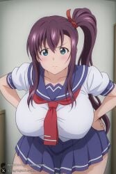 1female 1girl 1girls 2026 ai_generated amaya_haruko artist_name big_ass big_breasts blue_skirt blush breasts curvy frown green_eyes hair_ribbon hands_on_hips hi_res high_quality high_resolution highres huge_ass huge_breasts large_breasts leaning_forward long_hair looking_at_viewer maken-ki! patreon patreon_username pleated_skirt purple_hair ribbon sailor_collar school_uniform serafuku shirt short_sleeves side_ponytail skirt solo unjobdespiert watermark