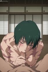 1boy 1girl ai_generated blush breasts collarbone completely_nude digitalwaifugallery erection fellatio green_hair hetero hi_res high_quality high_resolution indoors jujutsu_kaisen large_breasts looking_at_viewer nipples nude one_eye_closed oral patreon penis pov scar seductive sexy short_hair shouji sliding_doors solo_focus sweat uncensored watermark yellow_eyes zenin_maki