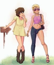 1boy 1girls aged_up bare_midriff blonde_hair boots brown_eyes brown_hair bulge dipper_pines disney dress female_dipper feminine_male full_body fully_clothed gearthefae genderswap grass gravity_falls handbag high_heels jeans light-skinned_female light-skinned_male long_legs male_pacifica one_sleeve pacifica_northwest purse rule_63 short_hair sign simple_background standing sunglasses topwear