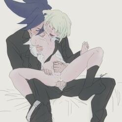 2boys anal anal_sex androgynous biting blush clothing femboy galo_thymos gay gay_sex handjob handjob_while_penetrating lio_fotia promare size_difference twink yaoi anal_penetration femboysub blonde_hair bob_cut short_hair blushing embarrassed wholesome wholesome_sex small_penis clothed open_shirt nipple_slip on_bed feminine_male slim_waist slim slim_male petite petite_body petite_male