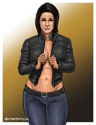 1girls afnart bayley bayley_(wwe) black_hair black_jacket covering_breasts female female_only no_bra real_person realistic solo wwe wwe_diva