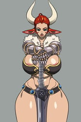 abs areolae armor big_breasts blue_eyes bovine cow_ears evelin_harlodottir female_only fit_female grey_background horns huge_breasts jiji_sama jijis-waifus jijisama loincloth muscular_female red_hair simple_background skimpy skimpy_armor solo_female sword thick_ass thick_thighs wide_hips