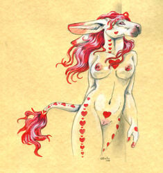 2018 albino anthro breasts donkey equine female fur hair heart heather_bruton mammal nipples nude pink_eyes pink_fur pussy red_hair solo white_fur