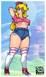 blonde_hair blue_eyes blue_shorts breasts coolranchdummy ear_piercing eyelashes front_view hand_behind_head long_hair mario_(series) pink_shoes pink_topwear princess_peach tan_skin thick_thighs thigh_high_socks thigh_squish under_boob white_border white_socks wide_hips