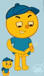 ai_generated balls bimo blue_cap blue_t-shirt cum digital_drawing_(artwork) edit edited fag first_porn_of_character hand_on_penis munchykirby1 nursery_rhyme orange_nose original_character penis sky_blue_background tagme yellow_body