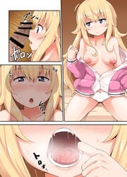 1boy 1girls absurdres alternate_breast_size areolae bar_censor blonde_hair blue_eyes blush bon_(moegomi) breasts breasts_apart censored closed_mouth collarbone erection eyebrows_visible_through_hair female finger_in_mouth frown gabriel_dropout hair_between_eyes head_tilt heavy_breathing highres jacket long_hair long_sleeves looking_at_penis looking_at_viewer looking_away male medium_breasts motion_lines nipples nose_blush open_clothes open_jacket open_mouth panties parted_lips penis penis_awe penis_shadow saliva shadow sitting solo_focus straight stretching_mouth sweatdrop tenma_gabriel_white tongue underwear veins veiny_penis very_long_hair white_panties