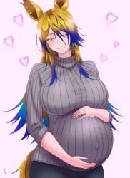 big_belly big_breasts clothed hands_on_belly horse_ears horse_girl horse_tail large_breasts looking_at_viewer navel obey_your_master_(umamusume) popped_navel pregnancy pregnant pregnant_belly stretched_clothing sweater umamusume umamusume:_cinderella_gray wide_hips
