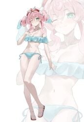 1girl ;) aqua_bikini aqua_eyes aqua_hair bare_legs beret bikini blush breasts cleavage commentary_request frilled_bikini frills hat higashiwun_izumi highres honkai:_star_rail honkai_(series) hyacine_(honkai:_star_rail) large_breasts legs multicolored_hair navel off_shoulder one_eye_closed pink_hair sandals short_hair side-tie_bikini_bottom simple_background smile solo stomach swimsuit toes twintails two-tone_hair white_background zoom_layer female female_only female_focus cute small_breasts petite petite_body petite_female hips hips_wider_than_shoulders medium_breasts belly belly_button best_girl heart_symbol collarbone wink