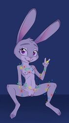 anthro blue_background breasts christmas christmas_lights disney ears_up eyelashes female flat_chest front_view full-length_portrait fur grey_fur holidays judy_hopps lagomorph long_ears looking_at_viewer mammal nipples nude open_mouth open_smile portrait purple_eyes pussy qrog rabbit simple_background sitting smile solo spread_legs spreading v_sign zootopia