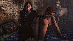 2girls 3d all_fours ass black_hair blue_eyes breasts cd_projekt_red female female_only hand_on_ass looking_at_viewer looking_back nipples on_bed red_hair shittyhorsey the_witcher the_witcher_(series) the_witcher_2 the_witcher_3:_wild_hunt triss_merigold unicorn yennefer