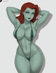 1girl 1girls ai_generated armpits arms_behind_head batman:_the_animated_series batman_(series) bikini black_lips breasts closed_mouth collarbone dc_comics dcau green_eyes green_skin hi_res high_quality high_resolution highres large_breasts legs_together light lips lipstick long_hair looking_at_viewer midriff navel nose opal_nemy opalnemy patreon_logo patreon_url patreon_username plain_background poison_ivy poison_ivy_(dcau) red_hair self_upload shadow shiny shiny_clothes shiny_hair shiny_skin simple_background slingshot_swimsuit solo standing swimsuit the_new_batman_adventures thick_thighs thighs watermark white_background wide_hips