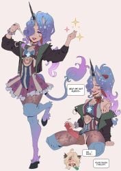 blonde_hair blush bulge celeste_(deadlock) deadlock drunk futanari horsecock mixief penis purple_eyes purple_hair ripped_clothing silver_(deadlock) trans_woman transfem unicorn valve werewolf yellow_eyes yuri