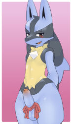 2022 anthro balls biped black_body black_eyebrows black_fur black_markings blue_balls blue_body blue_fur blue_inner_ear blue_penis blue_tail blush blush_lines border canid canine chest_spike digital_drawing_(artwork) digital_media_(artwork) erection eyebrows facial_markings foreskin fur generation_4_pokemon genitals gift_bow glans glistening glistening_balls glistening_body glistening_eyes glistening_genitalia gloves_(marking) head_markings hi_res humanoid_genitalia humanoid_penis legs_together looking_at_viewer lucario male male_anthro mammal markings mask_(marking) mismatched_genitalia mismatched_humanoid_penis mismatched_penis multicolored_body multicolored_fur multicolored_penis neck_tuft nintendo nude nude_anthro nude_male open_mouth outside_border partially_retracted_foreskin penis pink_background pointy_ears pokemon pokemon_(species) prick_ears pu_sukebe red_bow red_eyes red_glans red_penis simple_background solo spikes spikes_(anatomy) tail thin_eyebrows tuft two_tone_penis white_border yellow_body yellow_fur
