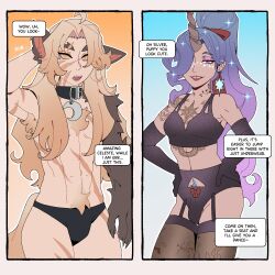 black_panties blonde_hair bulge celeste_(deadlock) collar compliment deadlock glitter hair_covering_breasts lingerie mixief panties pubic_hair purple_eyes purple_hair scar silver_(deadlock) tattoos trans_woman transfem valve yellow_eyes yuri