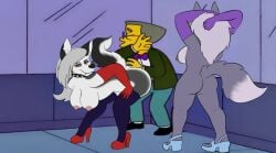 anthro breasts butt canid canid_demon canine canis clothing collar dancing demon female five_nights_at_freddy's five_nights_at_freddy's:_security_breach footwear footwear_only group hellaverse hellhound helluva_boss hi_res high_heels high_heels_only horrified human legwear loona_(helluva_boss) male male/female mammal mostly_nude mythological_canine mythological_creature mythology nipples nude pickles-hyena roxanne_wolf scottgames shoes smithers_scared_of_strippers spiked_collar spikes steel_wool_studios stockings tail the_simpsons trio twerking waylon_smithers wolf
