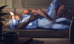 2026 4_toes 5_fingers anthro areola arm_tuft arm_under_breasts barely_visible_nipples blue_body blue_eyes blue_fur blue_hair blue_spots blush bodily_fluids book bottle breasts brown_spots claws container countershade_face countershade_fur countershade_torso countershading cup cybernetic_arm cybernetic_limb detailed_background digital_drawing_(artwork) digital_media_(artwork) duo ear_tuft elbow_tuft eyes_closed feet felid feline female female_anthro fingering fingering_partner fingerpads fingers fur furniture genital_fluids grey_body grey_fur grey_hair hair hand_between_legs hand_on_breast hi_res inner_ear_fluff inside khajiit leopard_spots lying lynx m'ria_(maks_hunt) maks_(maks_hunt) male male/female mammal markings microsoft navel nimari nipples nude nude_anthro nude_female nude_male on_side on_sofa orange_body orange_fur orange_spots pantherine pawpads plant romantic romantic_couple sex signature smile snow_leopard sofa space spooning spots spotted_body spread_legs spreading star story_at_source table tail tan_body tan_fur the_elder_scrolls toes tuft vaginal vaginal_fingering vaginal_fluid_string vaginal_fluids whiskers white_body white_claws white_fur
