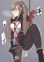 absurdres arms_behind_back bangs black_footwear black_jacket black_legwear black_skirt blush bondage boots bound breasts breath brown_hair clenched_teeth clothing controller crotch_rope female girls'_frontline grey_background hair_ornament half-closed_eyes heart heart-shaped_pupils highres jacket japanese_text leg_up long_hair looking_at_viewer medium_breasts miniskirt pantyhose pleated_skirt pussy pussy_juice remote_control remote_control_vibrator rope shibari_over_clothes shiny shiny_hair shirt simple_background skirt solo speech_bubble spoken_heart standing standing_on_one_leg steam sweat symbol-shaped_pupils teeth tied_hair translation_request trembling twintails ump45_(girls'_frontline) vibrator vibrator_cord vibrator_under_clothes white_shirt yellow_eyes yotoshishi