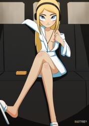 badtyke blonde_hair blue_eyes breast cartoon_network couch crossed_legs dc dc_comics electronics female flashing headphone headphones living_room long_hair looking_at_viewer media_player music_player nipple robe sitting slippers small_breast smiling tara_markov teen_titans terra terra_(dc)