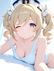 1girl absurd_res absurdres ai-created ai-generated ai_art ai_generated artist_name athletic_female bangs barbara_(genshin_impact) bare_arms bare_shoulders bed_sheet blonde_hair blue_eyes blush boobs bottomless breasts bust chest cleavage closed_mouth collarbone drill_hair female fit_female genshin_impact gumtoof hair_ornament hat hi_res high_quality high_resolution long_hair looking_at_viewer lying medium_breasts morning on_stomach one_eye_closed patreon patreon_username solo solo_focus stable_diffusion strap_slip tagme tank_top tits twin_drills twintails uncensored white_headwear