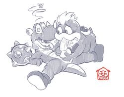 2boys balls cum cum_in_mouth full_body gay greyscale male male_only mario_(series) monochrome multiple_boys nintendo oral penis rex_(mario) simple_background spike_(mario) super_mario_bros. super_mario_world tail testicles thatpuggy yaoi