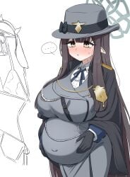 badge big_breasts blue_archive brown_eyes brown_hair coat cow_print_bikini hand_on_belly happy hat holding_belly large_breasts long_hair looking_at_object misuzu_(blue_archive) outie_navel pointy_ears pregnant pregnant_belly pregnant_female saguyugo