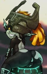 anus armor big_butt black_body blonde_hair blue_anus blue_markings blue_vulva butt coolranchdummy eyelashes female genitals grey_body hair headgear helmet hi_res humanoid humanoid_pointy_ears imp looking_at_viewer looking_back looking_back_at_viewer markings midna nintendo one_eye_obstructed orange_eyes pointy_ears ponytail rear_view shortstack sitting smile snaggle_tooth solo the_legend_of_zelda thick_thighs twili twilight_princess vulva wide_hips yellow_sclera