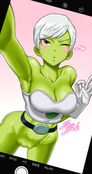 1girls abs alien alien_girl armor armpits bangs belt blush bottomless breastplate breasts cheelai cleavage collarbone curvy dragon_ball dragon_ball_super eyelashes female female_only front_view gesture gloves gradient_background green_skin hairless_pussy heart highres humanoid jazzjack large_breasts ok_sign one_eye_closed pink_eyes pussy saankyu selfie short_hair signature simple_background solo spoken_heart swept_bangs text watermark white_hair wide_hips wink