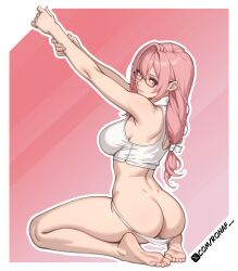 5_toes ai_assisted ass ass_focus barefeet barefoot dimples_of_venus elbows eyewear feet female full_body glasses gradient_background human kneeling large_breasts light-skinned_female light_skin long_hair mature_female megane outline panties panties_down pink_background pink_eyes pink_hair pink_theme seiza soles solo stretching stretching_arms tagme toes tsukishiro_yanagi underwear url white_clothing white_outline white_panties x_username zenless_zone_zero