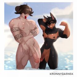 nude nude_beach outdoors outdoor_nudity water digital_drawing_(artwork) digital_media_(artwork) kronnydasnek muscular muscular_male big_pecs pecs muscular_arms muscular_thighs muscular_legs in_water domestic_dog polaroid sunglasses sunglasses_on_head posing abs hair_over_eyes tattoo lifeguard whistle cloud