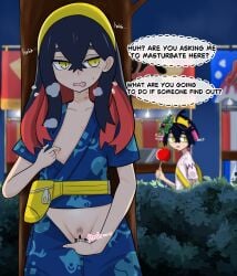 1boy 1girl bag bar_censor bite_mark bite_mark_on_neck blue_shirt blue_shorts breath bush candy_apple carmine_(pokemon) censored clothes_pull collarbone commentary_request english_text fanny_pack female_masturbation female_pubic_hair fingering food hair_between_eyes hairband hickey hickey_marks highres kieran_(pokemon) long_hair masturbation multicolored_hair night nipples one_breast_out open_mouth outdoors pokemon pokemon_scarlet_and_violet pubic_hair public_indecency public_masturbation shirt shorts shorts_pull simesaba_(xwdt4337) sky speech_bubble standing_masturbation stealth_masturbation sweat tree two-tone_hair vaginal yellow_bag yellow_eyes yellow_hairband zipper_pull_tab