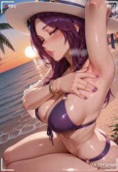 sultryspark ai_generated patreon patreon_username artist_name futarush caitlyn_kiramman league_of_legends riot_games pool_party_caitlyn pool_party_series 1girl breasts battery_indicator o-ring swimsuit bikini armpits purple_bikini o-ring_bikini presenting_armpit beach hat outdoors solo viewfinder sun_hat purple_hair bracelet large_breasts sunglasses jewelry recording blue_eyes lips ocean parted_lips looking_at_viewer arm_up sweat sunset blush cleavage o-ring_top water o-ring_bottom long_hair front-tie_top nail_polish purple_nails shiny_skin navel white_headwear wet sitting eyewear_on_head