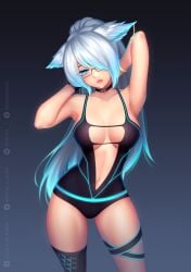 1girls 2d absurdres animal_ears anna_o_renko aqua_hair hands_behind_head bikini bare_legs white_hair single_thighhigh breasts cyberfade female female_only gradient gradient_hair absurd_res highres indie_virtual_youtuber light-skinned_female light_skin looking_at_viewer medium_breasts multicolored_hair thigh_strap thick_thighs thickthighs glasses partially_nude pale-skinned_female pale_skin smile solo vrchat vrchat_avatar vrchat_model virtual_youtuber choker