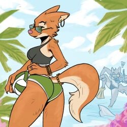 akoshak dreamworks the_bad_guys diane_foxington mr._wolf_(the_bad_guys) canid canine canis fox mammal wolf 1:1 hi_res accessory anthro ball barbell_piercing bottomwear bra breasts butt butt_pose clothing duo ear_piercing ear_ring eyewear female female_focus flippers fur furgonomics glasses jewelry looking_at_viewer male orange_body orange_fur partially_submerged piercing pose ring_piercing shark_fin snorkel solo_focus speedo sports_bra standing_in_water sunglasses swimming_trunks swimwear tail tail_accessory tail_jewelry underwear volleyball_(ball) water wearing_glasses 1boy 1girls