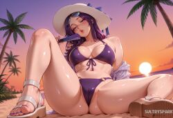 sultryspark ai_generated patreon patreon_username artist_name futarush caitlyn_kiramman league_of_legends riot_games pool_party_caitlyn pool_party_series 1girl toenail_polish toenails breasts swimsuit o-ring sunset palm_tree eyewear_on_head sun_hat nail_polish o-ring_bikini bikini outdoors hat sandals tree toes beach purple_bikini purple_nails solo hand_fan cameltoe purple_hair o-ring_bottom sitting navel large_breasts feet sun sunglasses looking_at_viewer front-tie_top shiny_skin lips legs off_shoulder knee_up spread_legs long_hair evening holding_fan blush o-ring_top front-tie_bikini_top collarbone sky parted_lips folding_fan thighs bare_shoulders ocean sand blue_eyes on_ground holding half-closed_eyes hat_ribbon