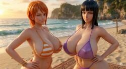one_piece nami_(one_piece) nico_robin female_only big_breasts beach 3d ai_generated