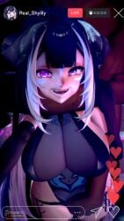 shylily blackflames3 shylily_(succubus) 1girls 1boy 3d koikatsu huge_breasts breasts orca_girl dark-skinned_male dark_skin light_skin light-skinned_female indie_virtual_youtuber virtual_youtuber black_hair white_hair two-tone_hair purple_eyes livestream streaming recording official_alternate_costume alternate_costume see-through see-through_clothing clothing clothed_female_nude_male horns choke_hold arms_around_another's_neck user_interface looking_at_camera looking_at_viewer