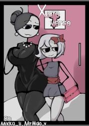 1futa 2girls antixiaro bag black_body bulge bulge_through_clothing cancelled_comic comic dress futanari grey_hair handbag milf mixka_li mrmao_v neckline oraix oral pearl_earrings pearl_necklace simple_background size_difference thick_thighs xiaros_mom