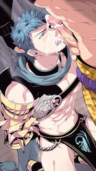 2boys abs arms_behind_back blackmonkey_pro blue_eyes blue_hair bound_wrists collar cum_in_mouth cum_on_face facial glaring hand_on_another's_head kneeling male male_nipples male_only matching_hair/eyes multiple_boys muscular nipples oral questionable_consent yaoi