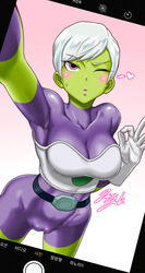 1girls abs alien alien_girl armor armpits bangs belt blush bodysuit breastplate breasts cameltoe cheelai cleavage collarbone curvy deep_armpits dragon_ball dragon_ball_super eyelashes female female_only front_view gesture gloves gradient_background green_skin heart highres humanoid jazzjack large_breasts ok_sign one_eye_closed pink_eyes saankyu selfie short_hair signature simple_background solo spoken_heart swept_bangs text tight_clothes watermark white_hair wide_hips wink