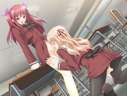 2girls absurdres blonde_hair blush chair classroom closed_eyes clothing couple cunnilingus fuguriya game_cg hair_ornament highres licking long_hair looking_at_another masturbating_during_cunnilingus masturbation matsubara_yuuna moaning multiple_girls oda_nanami official_art open_mouth oral panties pantyhose peko pink_eyes pussy pussy_juice red_hair ribbon school school_uniform skirt sono_hanabira_ni_kuchizuke_wo stockings thighhighs tongue twintails uncensored underwear uniform wet window yuri