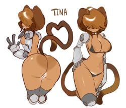 tina_(gameoverse) gameoverse anthro anthro_female anthro_only ass boobs big_ass big_breasts brown_hair big_tits tail cat_ears cat_tail catgirl cat_girl brown_body brown_skin brown_fur fur furry furry_only female female_focus nude nude_female hair_over_eyes pussy bikini black_bikini bra black_bra white_background dark-skinned_female mechanical_arm mechanical_leg brown_bra solo solo_female artist:biscaity biscaity