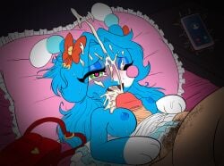 2026 absurd_res anthro bed blue_body blue_breasts blue_hair blue_nipples blush bodily_fluids breast_play breasts brionne bukkake cellphone chubby_penis cum cum_in_mouth cum_inside cum_on_face digital_media_(artwork) duo electronics eyelashes female furniture generation_7_pokemon genital_fluids genitals glans green_eyes hair harriet_(harry_amoros) harry_amorós heart_eyes heart_symbol hi_res human male male/female mammal medium_breasts nintendo nipples nude nude_anthro nude_female nude_human nude_male penis penis_tip phone pillow pink_nose pink_pillow pokemon pokemon_(species) pubes pupils purse red_bow red_bow_ribbon red_purse ringing_phone sex sex_in_bed smartphone titfuck unusual_pupils vein veiny_penis white_sclera